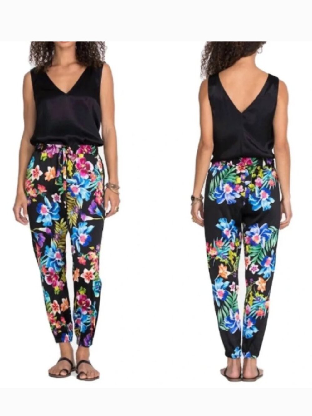 Johnny Was Silk Aruba Genvieve Jogger Pants Black Floral Tropical L